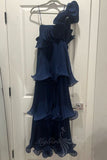 One-shoulder Tiered Plissé Chiffon Prom Dress Navy Blue Formal Gown GP789