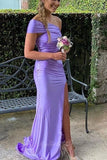 One Shoulder Lilac Mermaid Satin Ruched Fitted Slit Prom Formal Dresses GP808