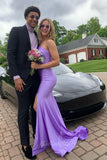 One Shoulder Lilac Mermaid Satin Ruched Fitted Slit Prom Formal Dresses GP808