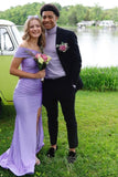 One Shoulder Lilac Mermaid Satin Ruched Fitted Slit Prom Formal Dresses GP808