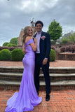 One Shoulder Lilac Mermaid Satin Ruched Fitted Slit Prom Formal Dresses GP808