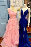 one shoulder pink tulle long prom dresses glitter tiered formal gown