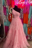 one shoulder pink tulle long prom dresses glitter tiered formal gown