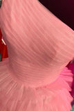 one shoulder pink tulle long prom dresses glitter tiered formal gown