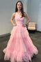One Shoulder Pink Tulle Long Prom Dresses, Glitter Tiered Formal Gown GP644