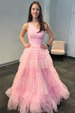 One Shoulder Pink Tulle Long Prom Dresses, Glitter Tiered Formal Gown GP644