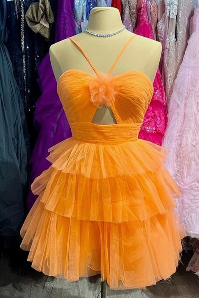 Orange Tulle Short Homecoming Dress With Keyhole Tiered Skirt Dress