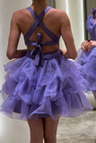 Organza Purple Short Prom Dresses A Line Tiered V-Neck Homecoming Dress GM697