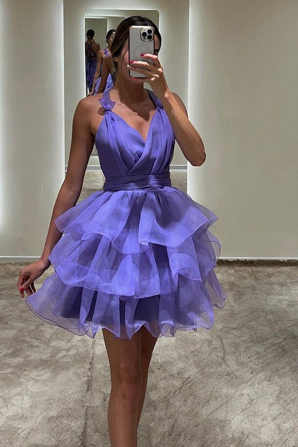 Organza Purple Short Prom Dresses A Line Tiered V-Neck Homecoming Dress GM697