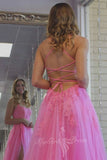 Pink A Line Backless Prom Dress Lace Applique Formal Dress with Slit GP739