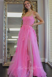 Pink A Line Backless Prom Dress Lace Applique Formal Dress with Slit GP739