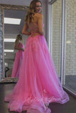 Pink A Line Backless Prom Dress Lace Applique Formal Dress with Slit GP739