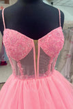 Pink Corset Tulle Tiered Prom Dresses A-line Long Formal Dress GP675