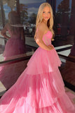 Pink Corset Tulle Tiered Prom Dresses A-line Long Formal Dress GP675