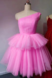 Pink One Shoulder Layered Tulle Short Prom Homecoming Dresses GM696