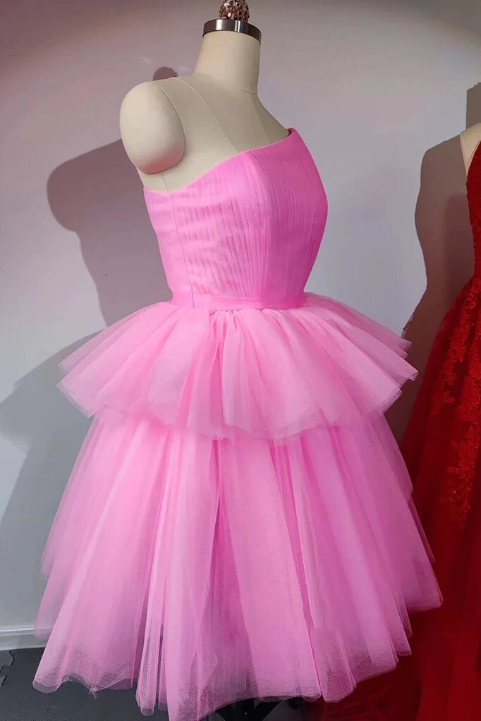 Pink One Shoulder Layered Tulle Short Prom Homecoming Dresses GM696