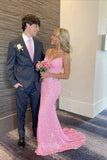 Pink Sequin Long Prom Dresses Sparkly Mermaid Slit Evening Gowns GP597