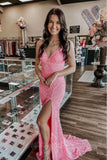 Pink Sequin Long Prom Dresses Sparkly Mermaid Slit Evening Gowns GP597