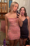 pink sheath sequins mini homecoming dress tight short prom dress