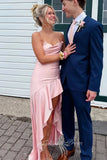 Pink Spaghetti Straps Sheath Backless Lace-Up Satin Silk Prom Dresses With Ruffles GP821
