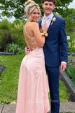 Pink Spaghetti Straps Sheath Backless Lace-Up Satin Silk Prom Dresses With Ruffles GP821