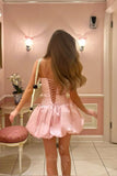Pink Strapless Satin Short Party Dress Puffy Mini Homecoming Dresses GM722