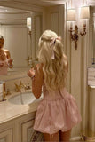Pink Strapless Satin Short Party Dress Puffy Mini Homecoming Dresses GM722