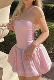 Pink Strapless Satin Short Party Dress Puffy Mini Homecoming Dresses GM722