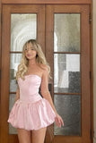Pink Strapless Satin Short Party Dress Puffy Mini Homecoming Dresses GM722