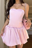 Pink Strapless Satin Short Party Dress Puffy Mini Homecoming Dresses GM722