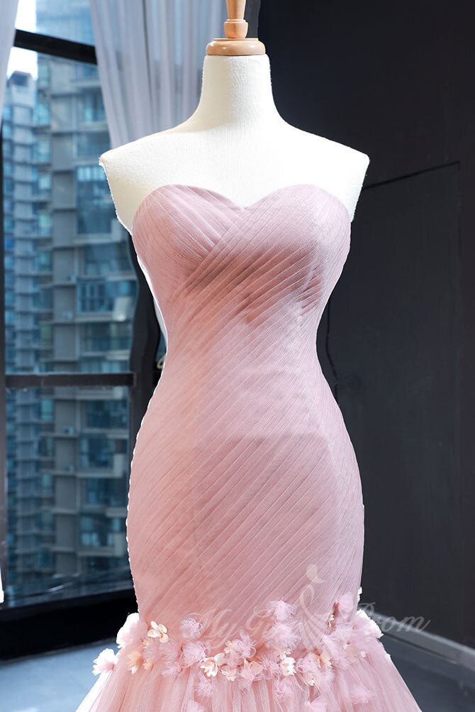 Pink Sweetheart Tulle Mermaid Long Prom Dress Pink Evening Dress GP517