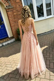 Pink Tulle A Line V Neck Lace Long Prom Dress Graduation Evening Dress GP847
