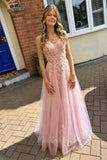 Pink Tulle A Line V Neck Lace Long Prom Dress Graduation Evening Dress GP847