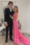 Pink Tulle Mermaid Prom Dresses Appliques Backless Evening Dresses GP596
