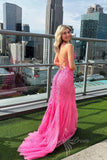 pink tulle mermaid prom dresses appliques backless evening dresses