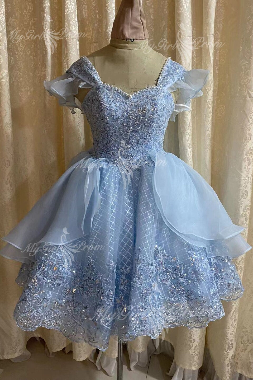 Princess Blue Lace Applique Short Homecoming Dress Vintage Classic Lolita Jumper Dress GM551