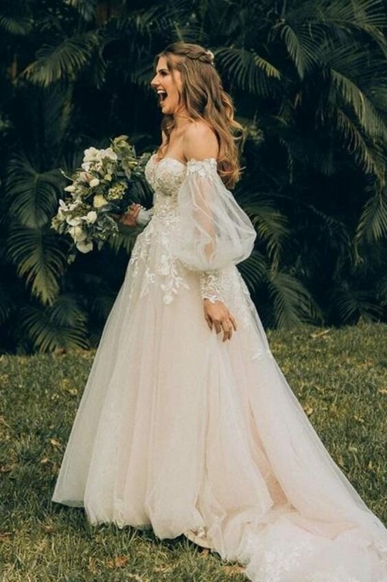 princess boho a line tulle wedding dresses with appliques puff sleeves bridal gown