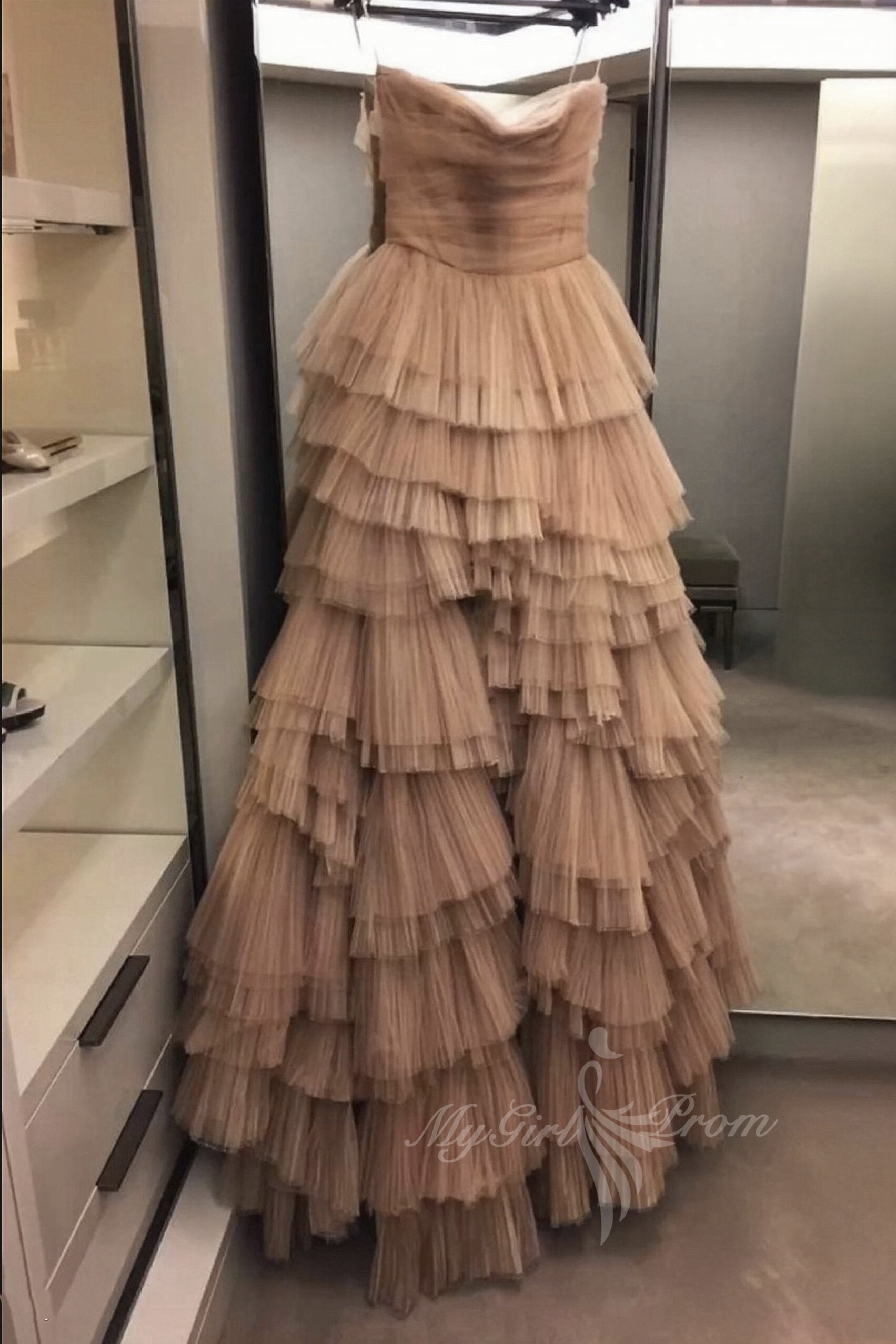 Princess Brown Tulle Tiered Strapless Prom Dress, Long Formal Gown GP580