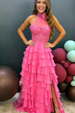 princess chiffon long prom dresses with lace bodice and ruffle skirt