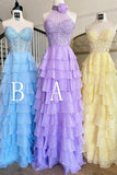 princess chiffon long prom dresses with lace bodice and ruffle skirt