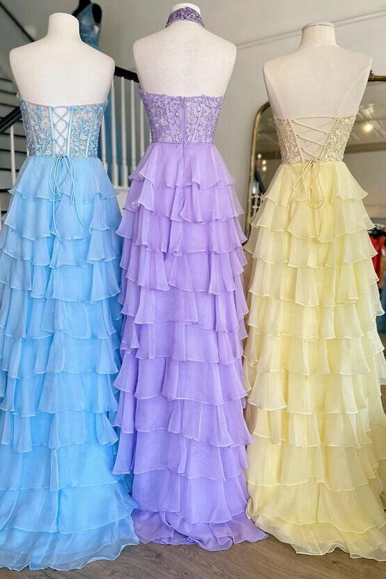 princess chiffon long prom dresses with lace bodice and ruffle skirt