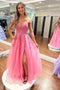 Princess Pink Tulle Long Prom Dresses with Slit, Lace Appliques Graduation Dress GP700