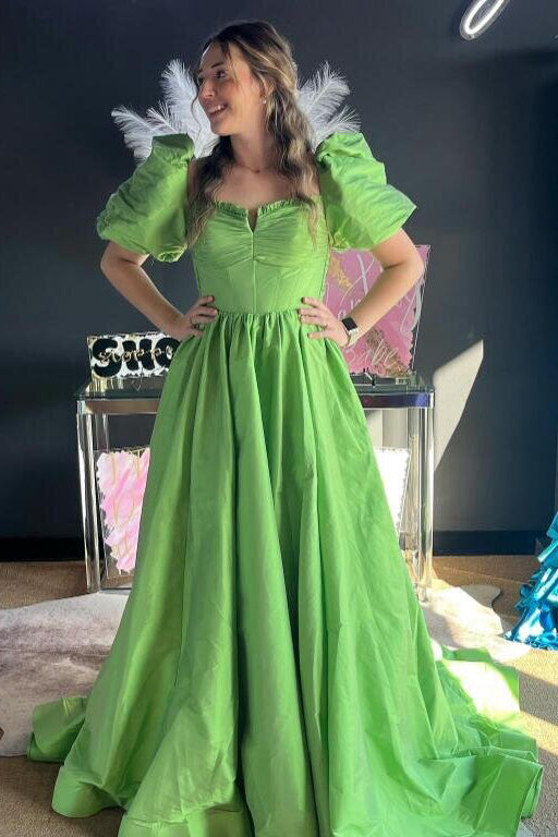 Princess Puff Sleeves Green Long Prom Dress with Tie Bow Back GP647