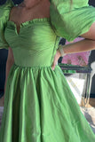 Princess Puff Sleeves Green Long Prom Dress with Tie Bow Back GP647