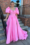 Princess Puff Sleeves Green Long Prom Dress with Tie Bow Back GP647