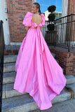 Princess Puff Sleeves Green Long Prom Dress with Tie Bow Back GP647