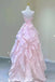 Princess Strapless Long Ball Gown Pink Ruffle Prom Dress, Organza Formal Gown GP677
