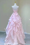 Princess Strapless Long Ball Gown Pink Ruffle Prom Dress, Organza Formal Gown GP677