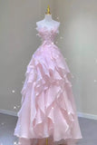 Princess Strapless Long Ball Gown Pink Ruffle Prom Dress, Organza Formal Gown GP677