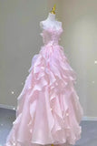 Princess Strapless Long Ball Gown Pink Ruffle Prom Dress, Organza Formal Gown GP677